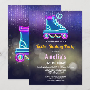 Fun Neon Roller Skating Birthday Party Invitation