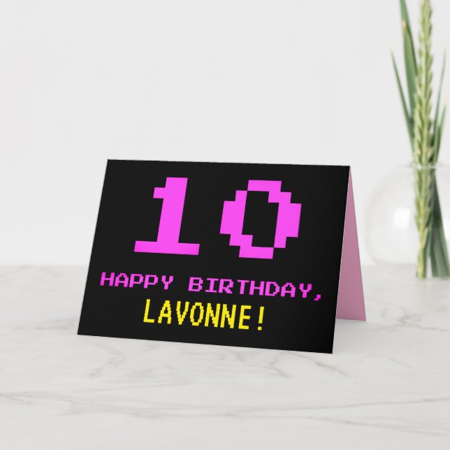 Fun, Nerdy, Geeky, Pink, 8-Bit Style 10th Birthday Card (Front)