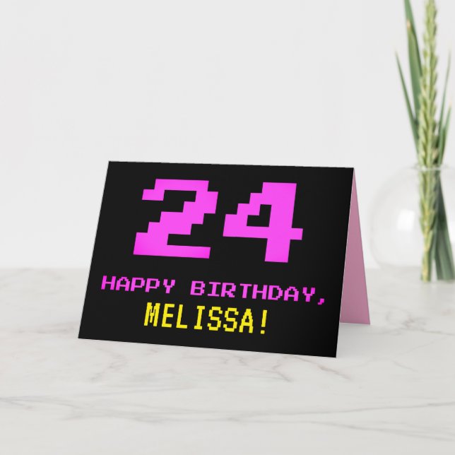 Fun, Nerdy, Geeky, Pink, 8-Bit Style 24th Birthday Card (Front)