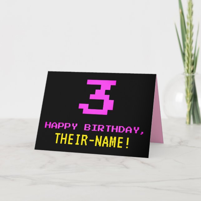 Fun, Nerdy, Geeky, Pink, 8-Bit Style 3rd Birthday Card (Front)