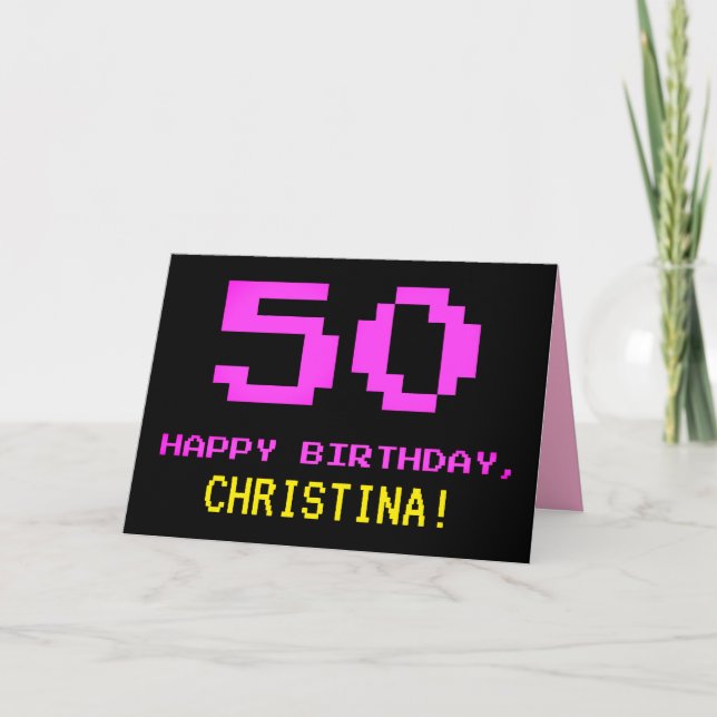 Fun, Nerdy, Geeky, Pink, 8-Bit Style 50th Birthday Card (Front)