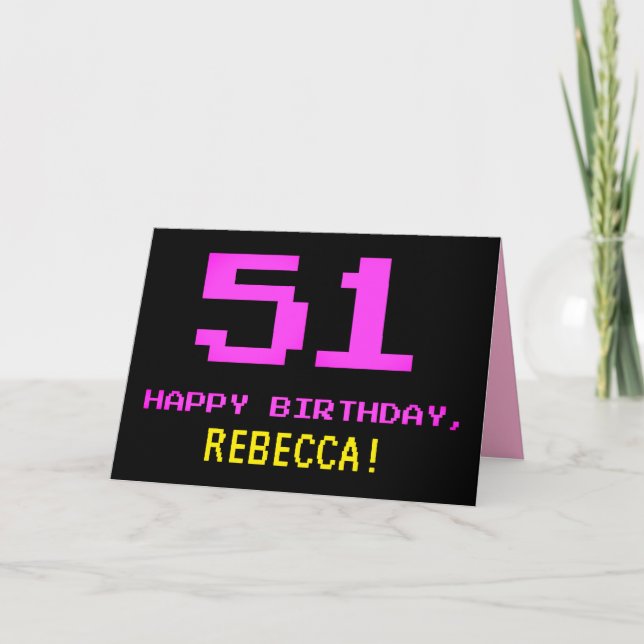 Fun, Nerdy, Geeky, Pink, 8-Bit Style 51st Birthday Card (Front)