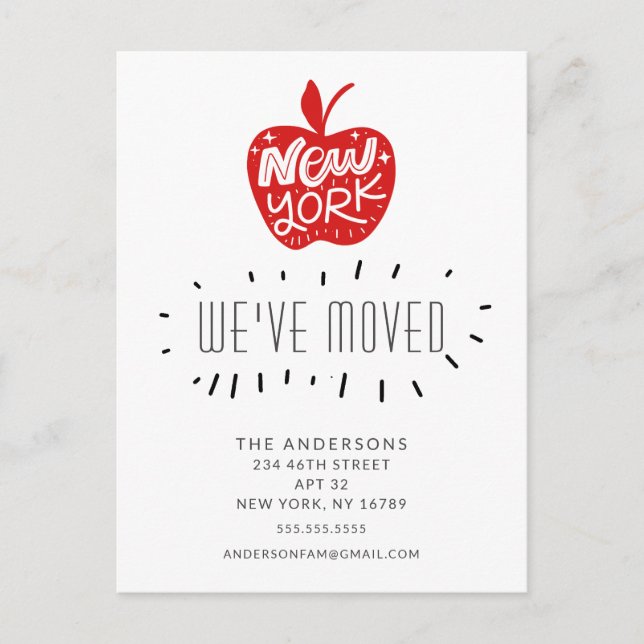 Fun New York Red Apple Moving Announcement Card (Front)