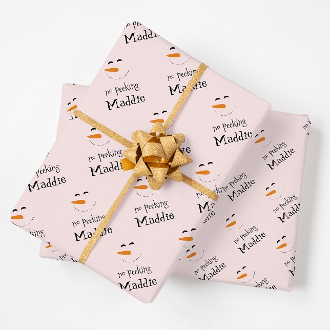 Fun No Peeking Snowman Pink Named Wrapping Paper (Creator Uploaded)