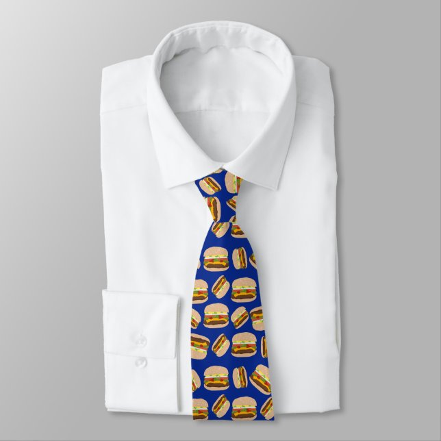 Fun Novelty Cheeseburger Pattern Navy Blue Tie (Tied)
