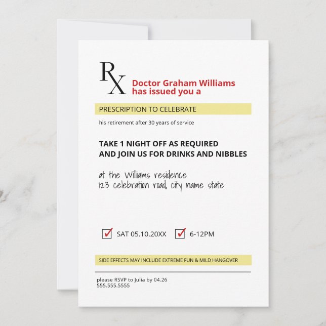 Fun Novelty Rx Prescription Doctor Retirement Invitation (Front)