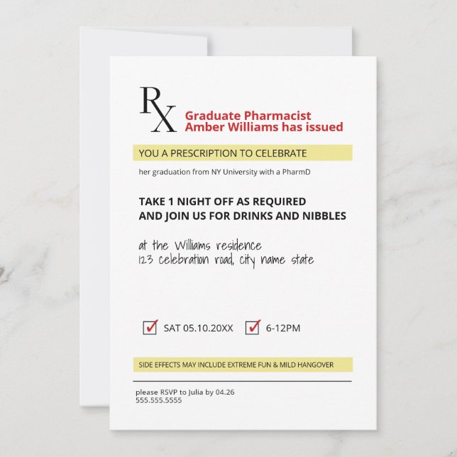 Fun Novelty Rx Prescription Pharmacy Graduation Invitation (Front)