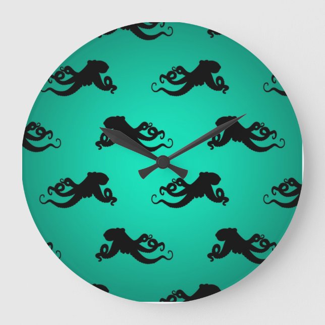 Fun Octopus Silhouettes on Green Large Clock (Front)