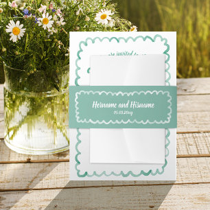 Fun Olive Green White Hand Drawn Name Date Wedding Invitation Belly Band