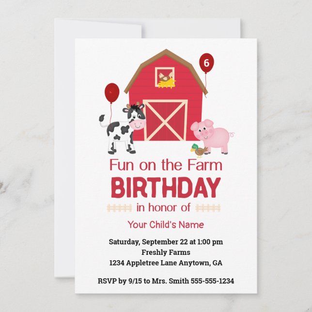 Fun on the Farm Custom Birthday Animals Invitation (Front)