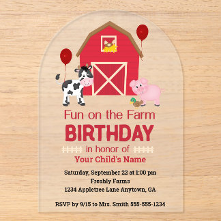 Fun on the Farm Custom Birthday with Animals Acrylic Invitations