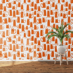 Fun Orange and White Cat Pattern Wallpaper