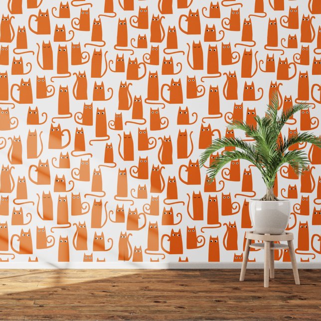 Fun Orange and White Cat Pattern Wallpaper (Orange cats on white art wallpaper)