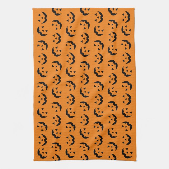 Fun orange black jack o lantern pattern Halloween Tea Towel (Vertical)