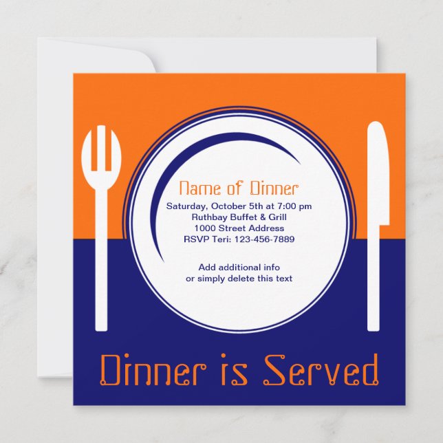 Fun Orange & Blue Dinner Invitation (Front)