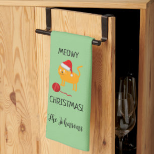Fun Orange Cat Meowy Christmas Kitchen Towel