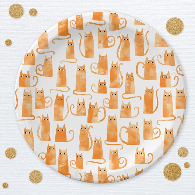 Fun Orange Cat Paper Plate (Watercolor Orange Ginger Cat pattern fun party paper plates)