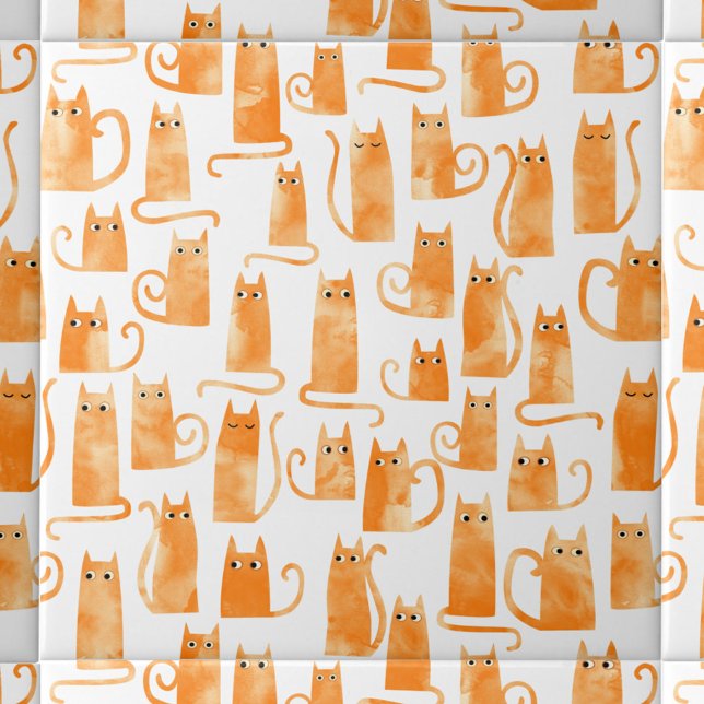 Fun Orange Cat Tile (Ginger Orange Cat watercolor pattern ceramic tile for animal lovers)