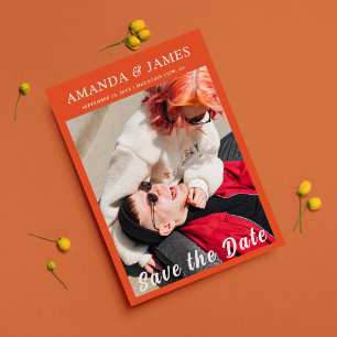 Fun Orange Couple Photo Script Save The Date Invitation
