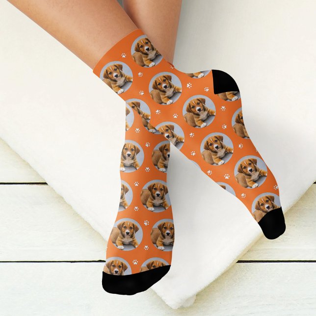 Fun Orange Custom Dog Photo Paw Print Socks (Creator Uploaded)