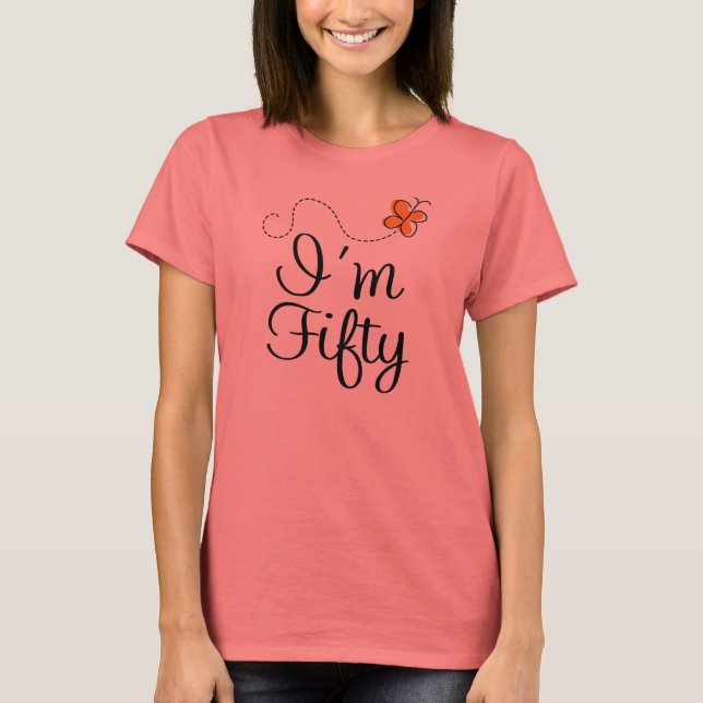 Fun Orange Fiftieth Birthday Butterfly Gift T-Shirt (Front)