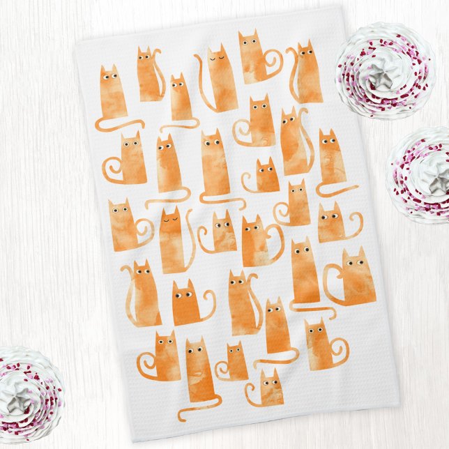 Fun Orange Ginger Cat Tea Towel (Orange ginger cat watercolor kitchen tea towel)