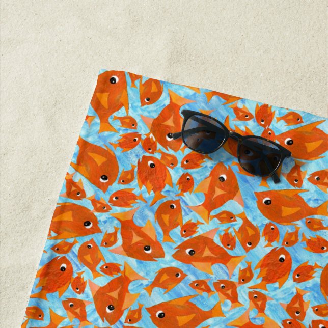 Fun Orange Goldfish Watery Blue Background Beach Towel (In Situ)