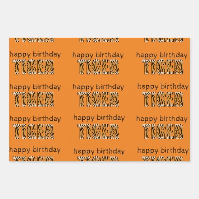 Fun Orange Happy Birthday Tiger Wrapping Paper Sheet (Front)