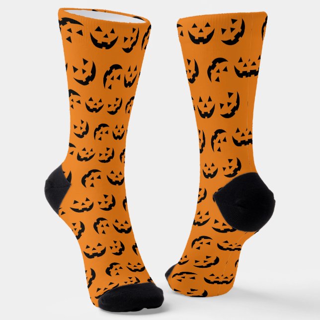 Fun orange jack o lantern pumpkin face Halloween Socks (Angled)