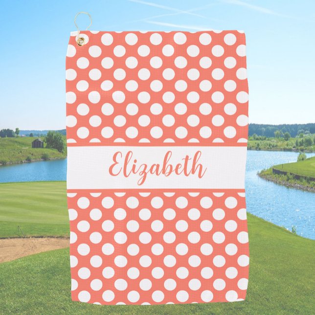 Fun Orange polka dots custom name ladies Golf Towel (Creator Uploaded)