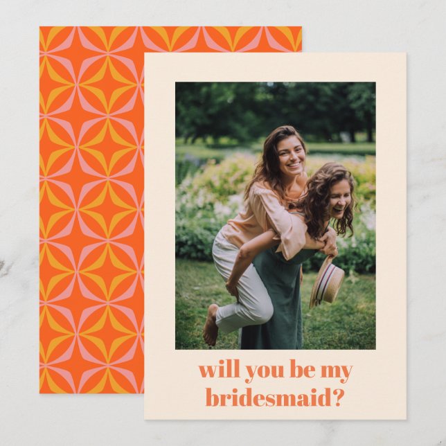Fun Orange Retro Pattern Bridesmaid Proposal  Card (Front/Back)
