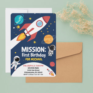 Fun Outer Space Astronaut,Cute Kids First Birthday Invitation