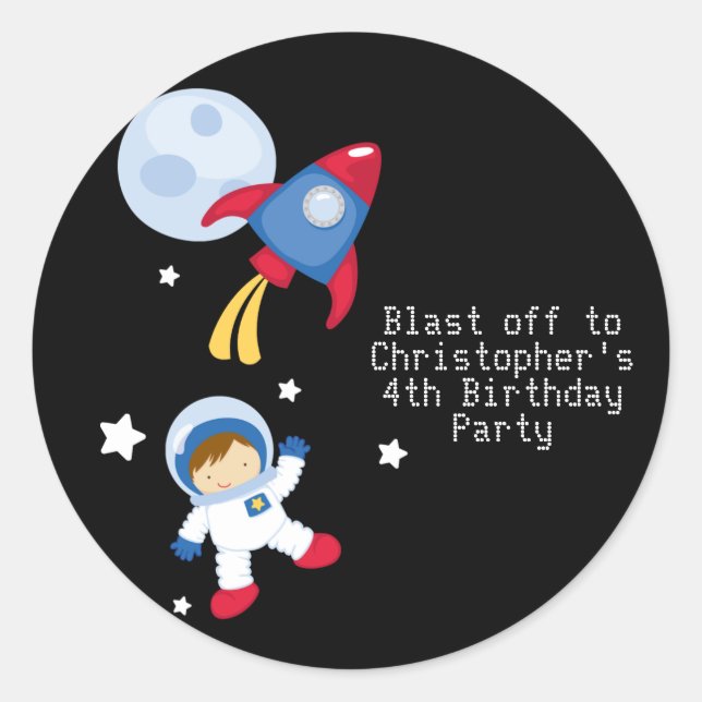 Fun outerspace astronaut birthday party stickers (Front)
