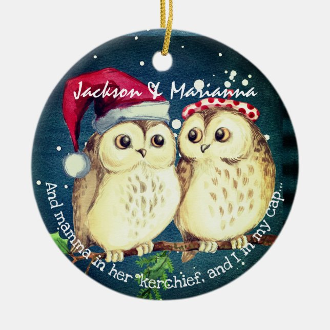 Fun Owl Couple Night Before Christmas  Ceramic Tree Decoration (Front)