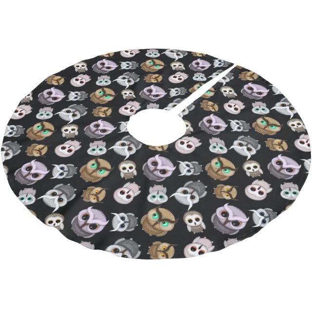 Fun Owl Pattern on Black Background Brushed Polyester Tree Skirt (Angled)