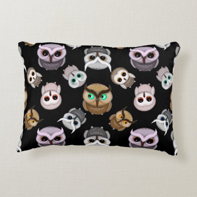 Fun Owl Pattern on Black Background Decorative Cushion (Back)