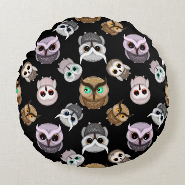 Fun Owl Pattern on Black Background Round Cushion (Front)