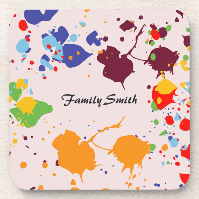 Fun Paint Drips Colourful Spring Family Name Coaster (Front)