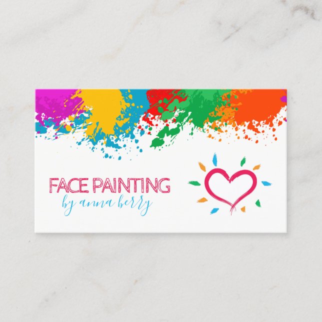 Fun Paint Splatter and Heart Face Painting Calling Card (Front)