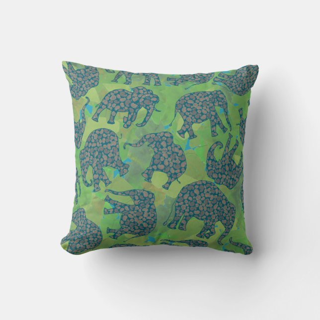 Fun Paisley Elephants, Jungle Green Leaves Pillow (Front)