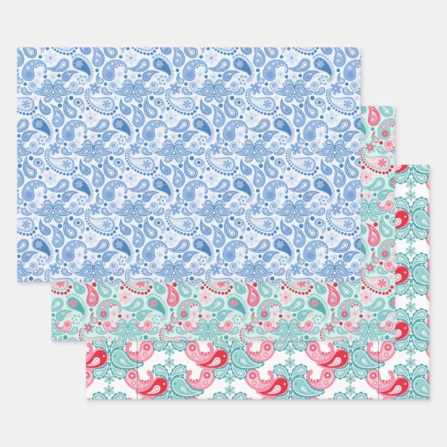 Fun Paisley patterns Blue Teal Red Wrapping Paper Sheet (Set)