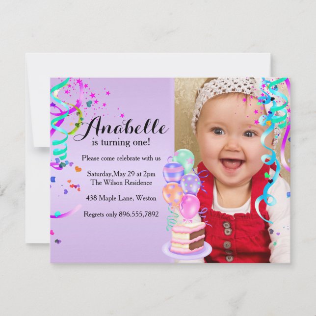 Fun Party Celebration Purple First Birthday Invitation (Front)