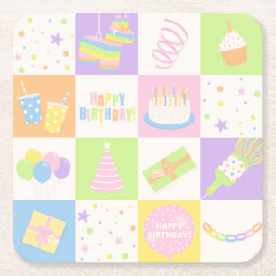 Fun Pastel Birthday Party Icons Paper Coasters