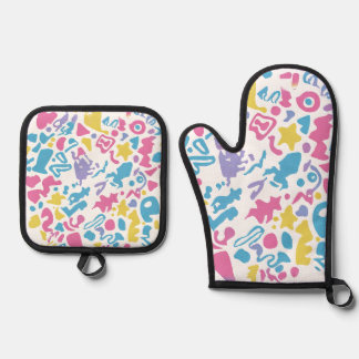 Fun pastel colourful vibrant shapes  oven mitt & pot holder set