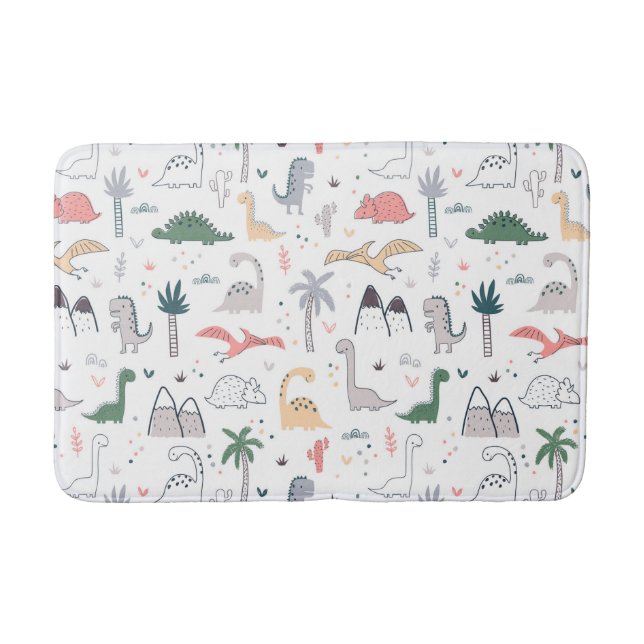 Fun Pastel Dinosaur Scene Pattern Bath Mat (Front)