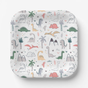 Fun Pastel Dinosaur Scene Pattern Paper Plate
