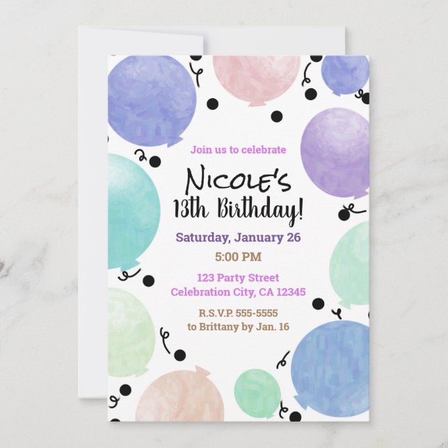 Fun Pastel Party Balloons Birthday Celebration Invitation (Front)