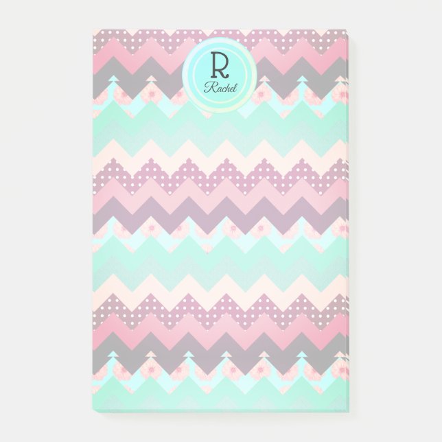 Fun Patterned Chevrons in Pink & Teal Personalised Post-it Notes (Front)