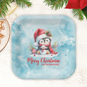 Fun Penguin Blue and Red Merry Christmas Paper Plate
