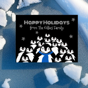 Fun Penguin Family Christmas Black Postcard